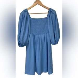 Tuckernuck Dress Women's XS XSmall Smocked Mini Linen Blend Puff Sleeve Blue